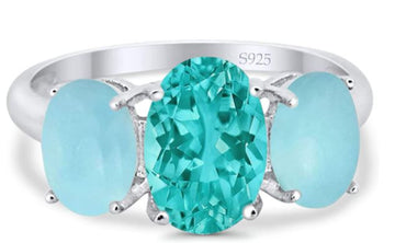 3-Stone Oval Simulated Larimar Center Stone Paraiba Fashion Ring 925 Sterling Silver